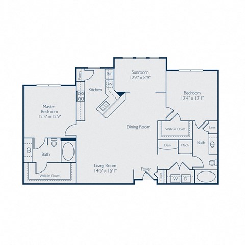Floor plan for 2 beds, 2 baths, 1291 sqft